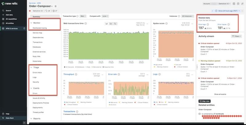 New Relic APM view showing connected logs, errors, traces, and infrastructure data for investigating application issues