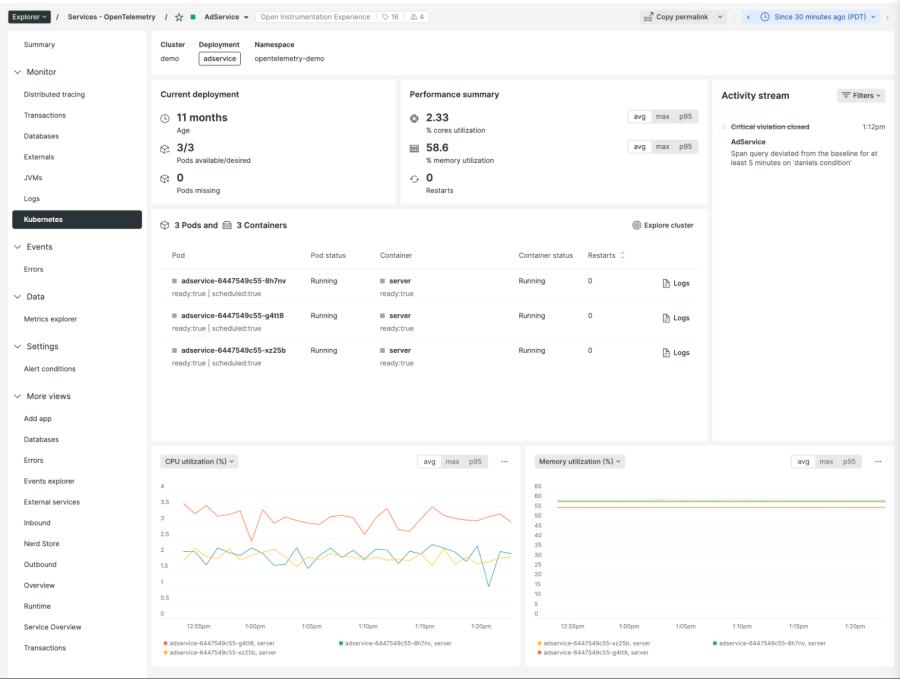 New Relic observability dashboard for a Kubernetes service displaying metrics, pod status, and activity.