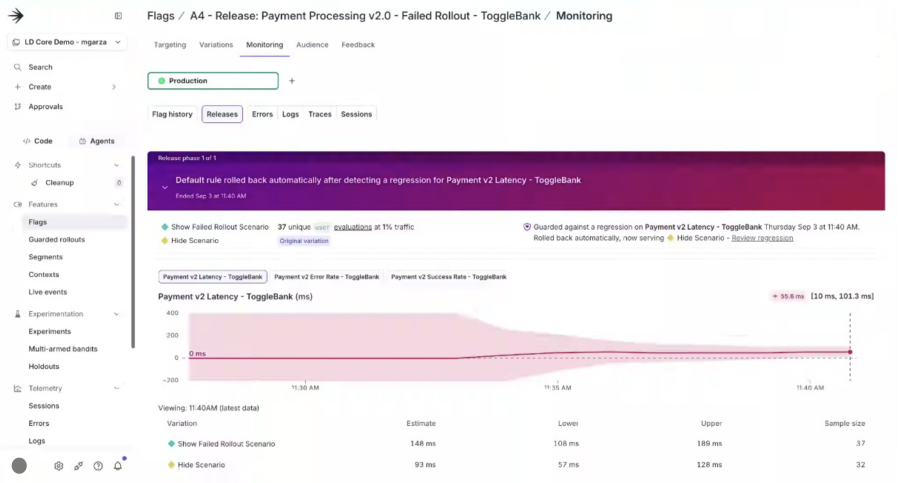 Automated rollback triggered after a payment latency regression.