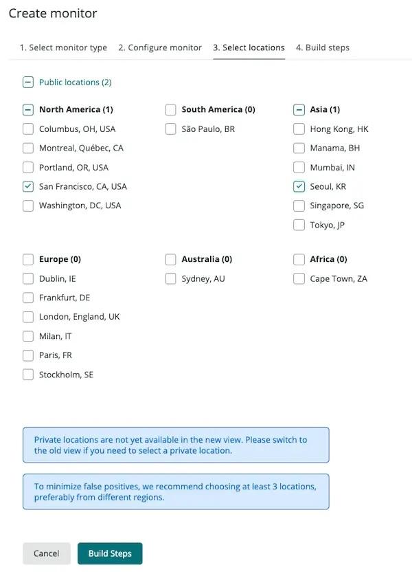 New Relic monitor screen setup with selectable public synthetic test locations across North America, Europe, Asia, and Africa
