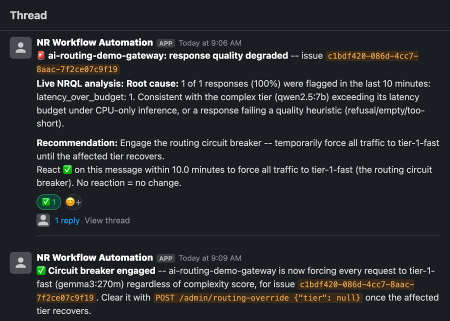 A real investigation, posted to Slack, waiting for a human reaction before anything changes.