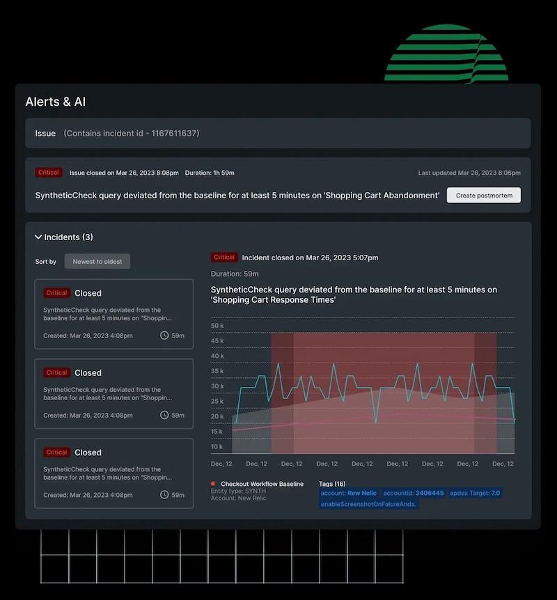 New Relic Alerts & AI dashboard showing a critical synthetic monitoring incident and performance chart