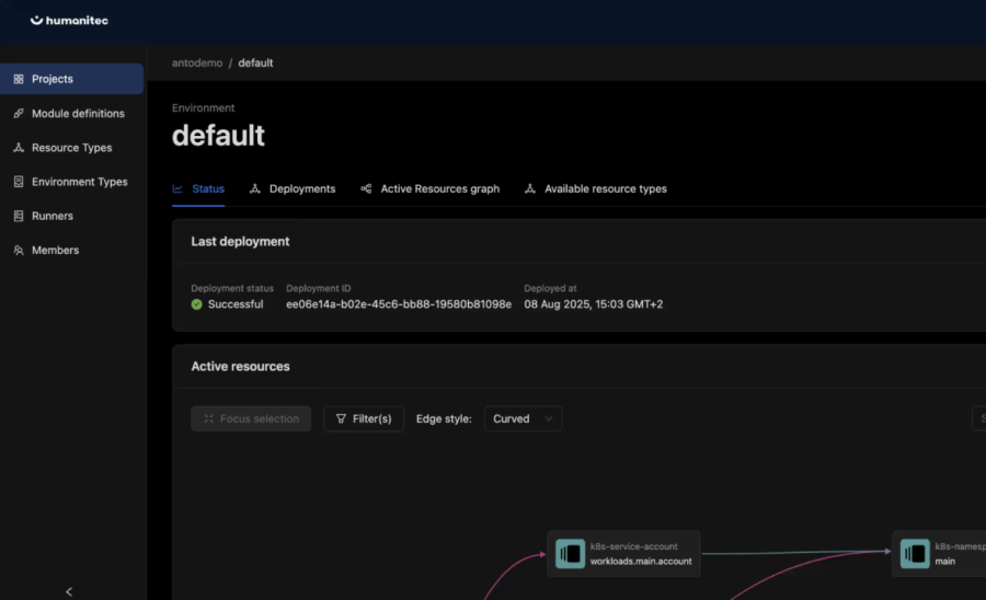 Humanitec platform orchestrator shows deployment status and active infrastructure resources