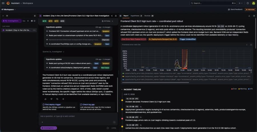 Grafana Cloud interface showing AI-assisted incident investigation and observability data
