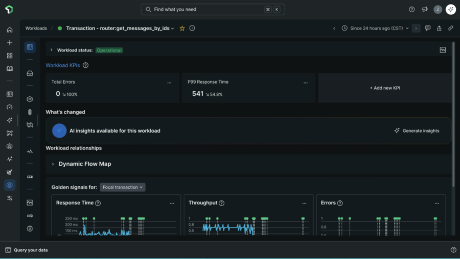 New Relic Workloads view shows service health, golden signals, KPIs, and workload relationships
