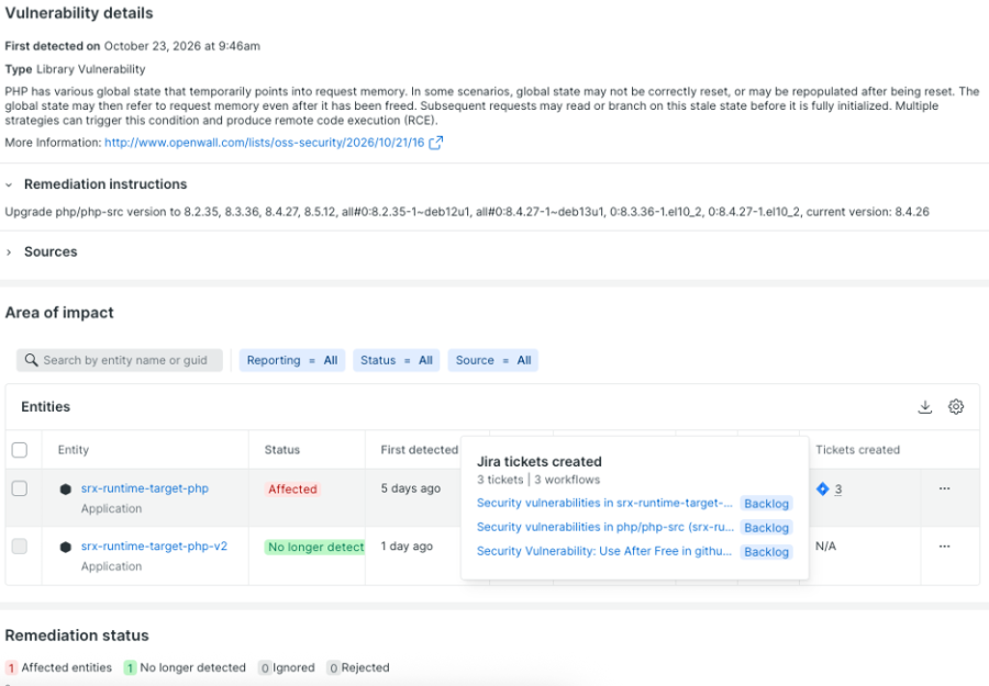 Vulnerability report for PHP library with remediation instructions, affected entities, and linked Jira tickets.