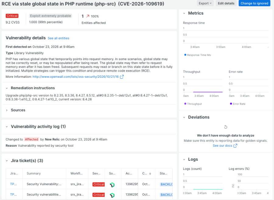 New Relic vulnerability detail page for CVE-2026-109619 involving an RCE vulnerability in PHP.