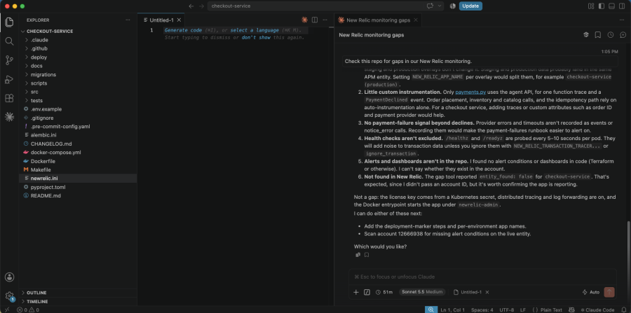 A screenshot of a VS Code workspace showing a project named "checkout-service" with a file explorer on the left and a "New Relic monitoring gaps" panel on the right outlining various identified monitoring issues.