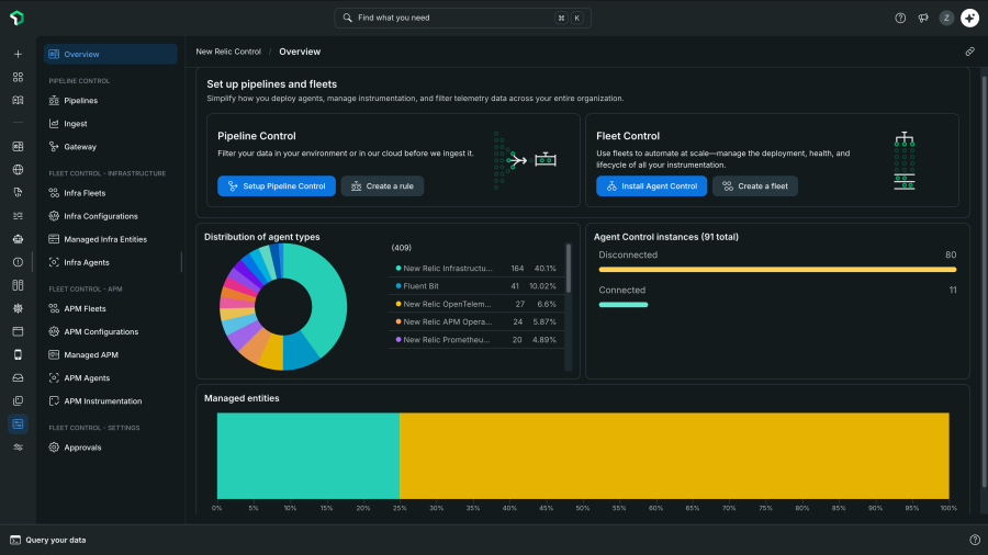 New Relic Control’s Fleet Control UI displaying fleet health metrics, active release channels, and agent version distribution.