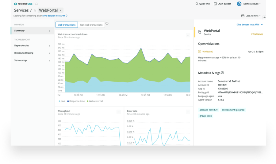 New Relic product screen capture