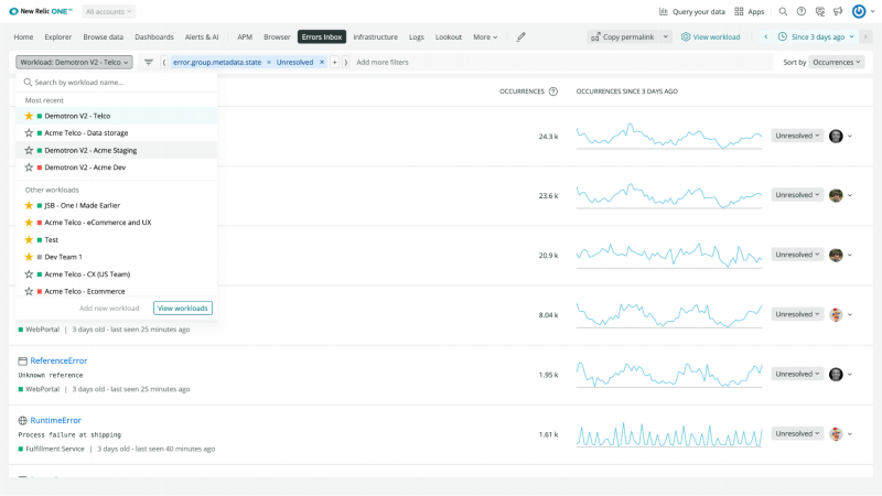 ナビバーのドロップダウンにNew Relic Oneのワークロードが表示されている例