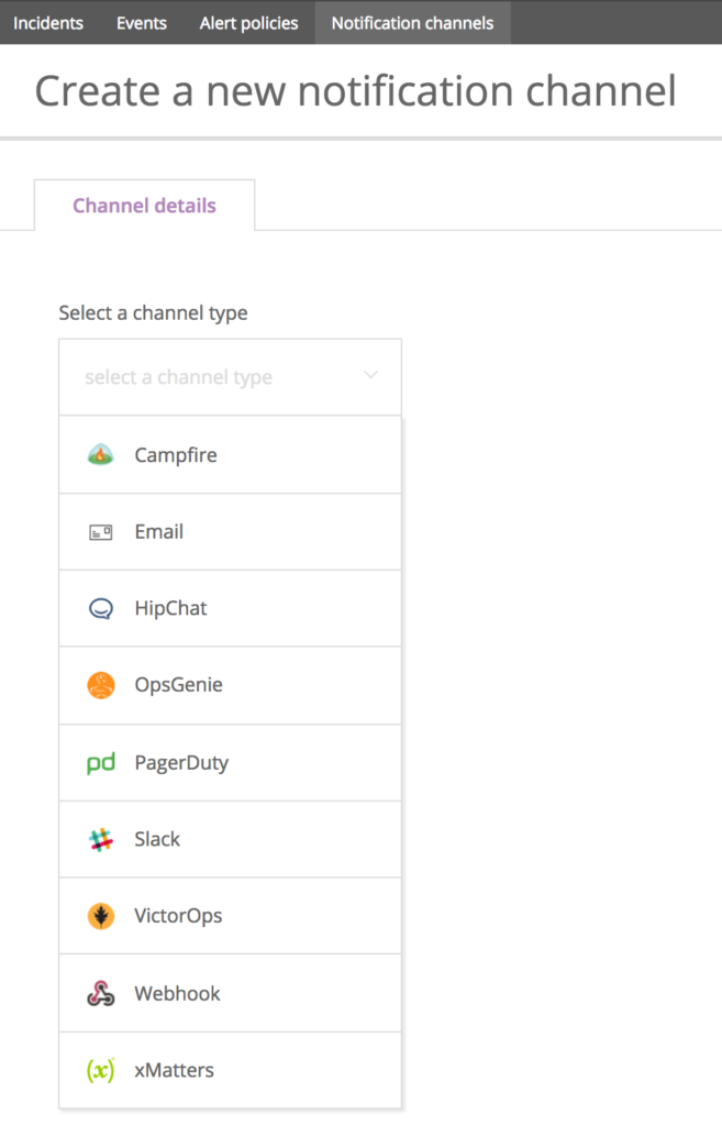 Screenshot of notification channel options while configuring New Relic Alerts