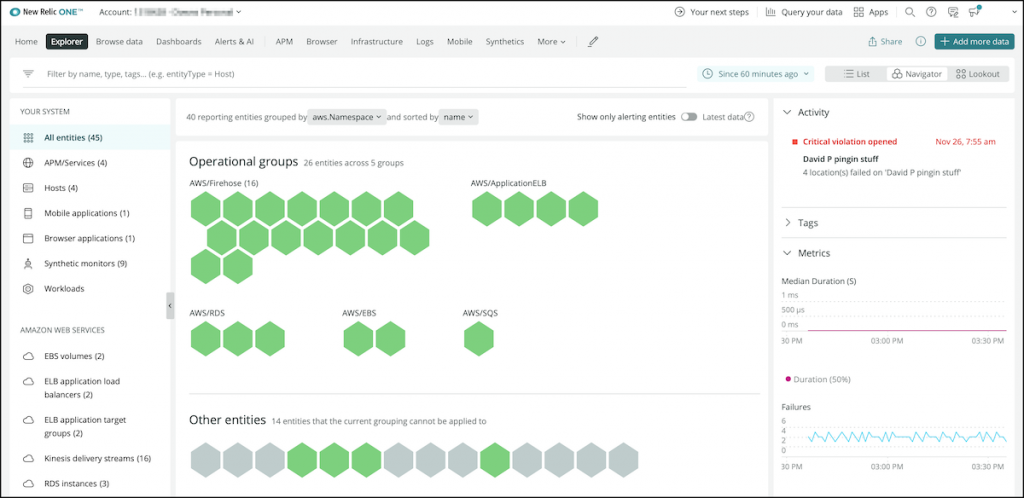Screen capture of Metric Streams in New Relic One Navigator view