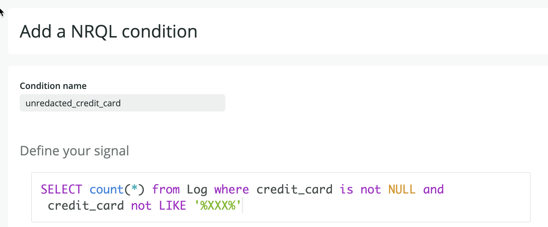 "Add a NRQL condition" example screenshot