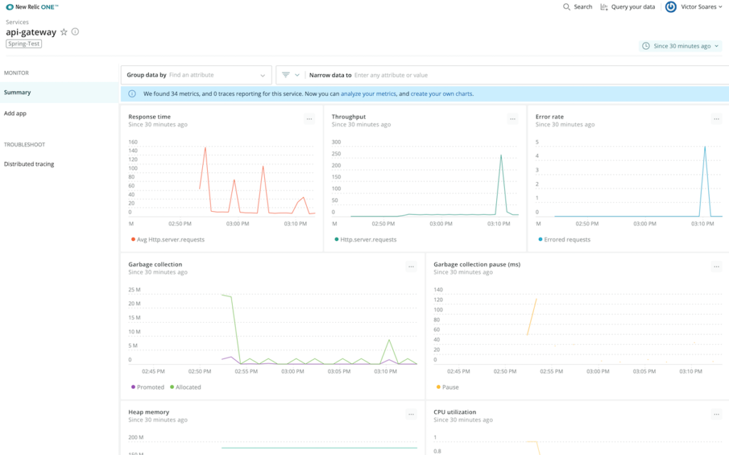 New Relic automatically detects the telemetry as Spring Boot Micrometer metrics and creates a default summary page using those metrics
