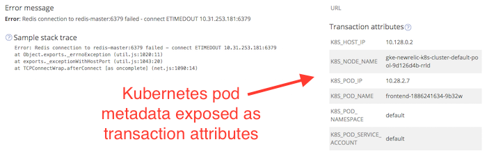 Kubernetes pod metadata exposed as transaction attributes