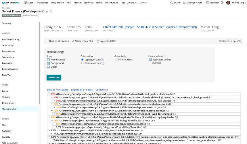 Examining a thread profile for a Ruby application.