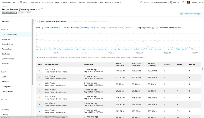 Distributed tracing UI captures traces occurring in your Ruby application