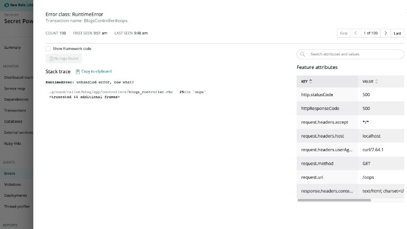 Viewing details of an error raised in a Ruby application.