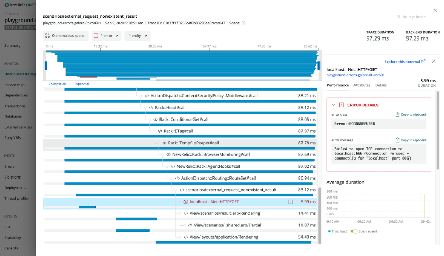 Checking the error/exception details for a span in the trace details UI.