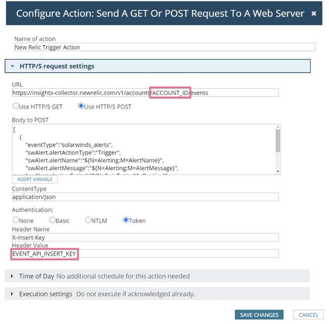 Configuring an API request in SolarWinds UI